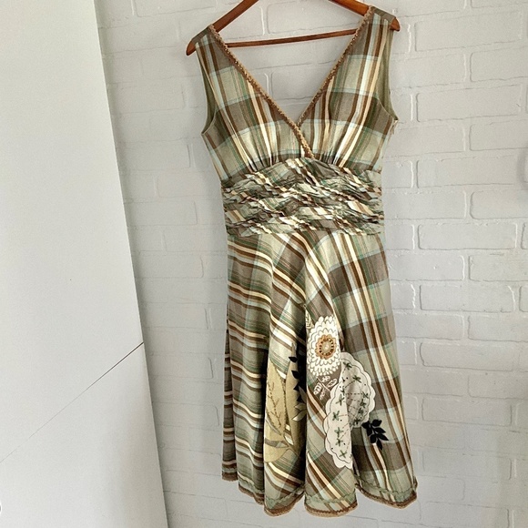 Vintage René Derhy Dress Babydoll Gunny Sax-like A line Plaid  Lined Olive S - Picture 1 of 8